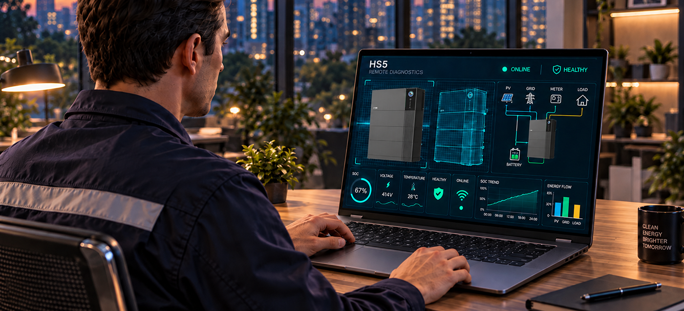 Technician reviewing HS5 remote diagnostics on a laptop